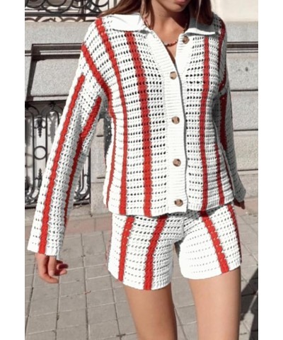 Knitted 2 Piece Outfit Sets for Women Long Sleeve Button Down Sweater with Short Set Color Block Crochet Tracksuits White $12...