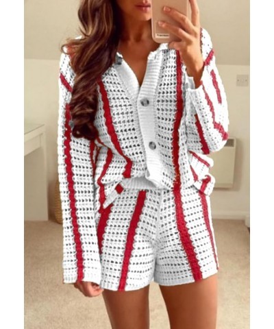 Knitted 2 Piece Outfit Sets for Women Long Sleeve Button Down Sweater with Short Set Color Block Crochet Tracksuits White $12...