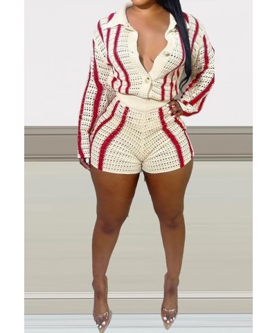 Knitted 2 Piece Outfit Sets for Women Long Sleeve Button Down Sweater with Short Set Color Block Crochet Tracksuits White $12...