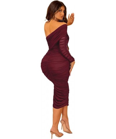 Off The Shoulder Midi Dress for Women Single Long Sleeve Ruched Bodycon Club Party Cocktail Dresses Wine Red $16.23 Dresses