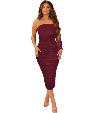 Off The Shoulder Midi Dress for Women Single Long Sleeve Ruched Bodycon Club Party Cocktail Dresses Wine Red $16.23 Dresses