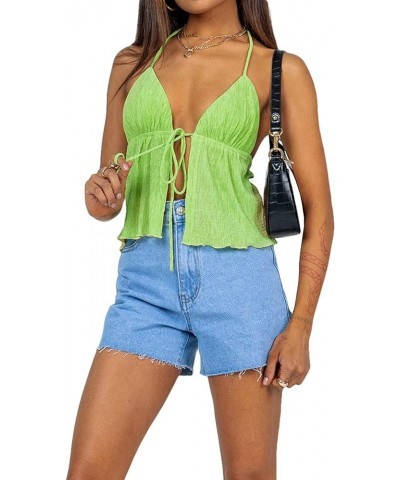 Women Sexy Y2K Sleeveless Backless Crop Top Vintage Tie Up Spaghetti Strap Camisole Summer Cute Mini Vest I-green $7.64 Tanks