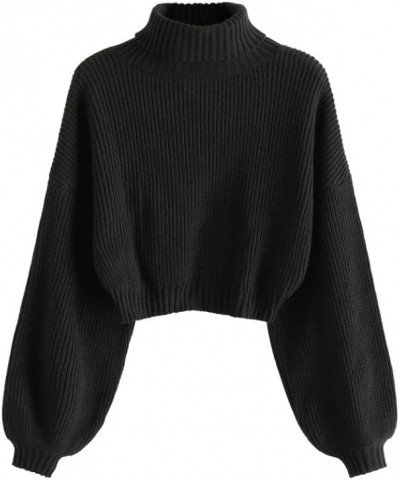 Women's Turtleneck Drop Shoulder Ribbed Knit Plain Pullover Scalloped Hem Crop Sweater Jumper Black-02 $14.35 Sweaters