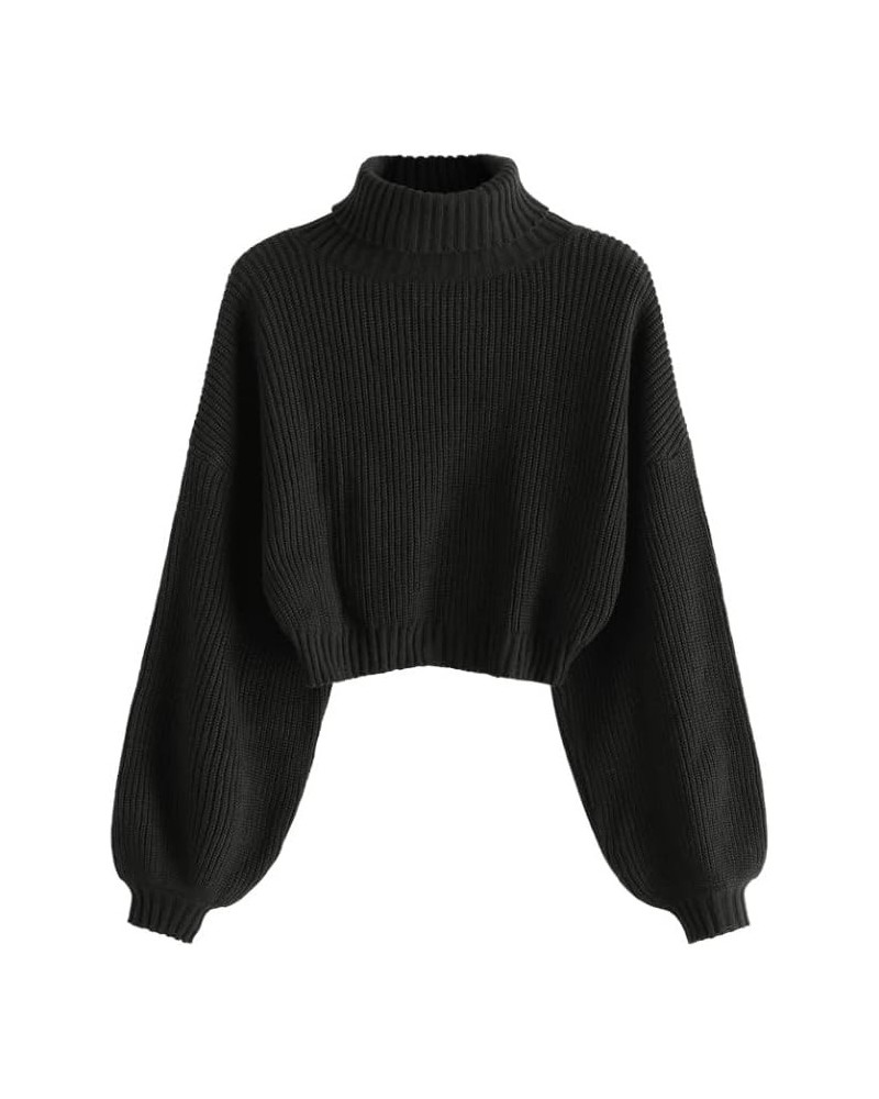 Women's Turtleneck Drop Shoulder Ribbed Knit Plain Pullover Scalloped Hem Crop Sweater Jumper Black-02 $14.35 Sweaters