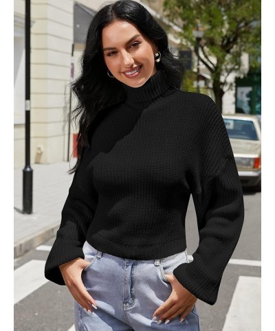 Women's Turtleneck Drop Shoulder Ribbed Knit Plain Pullover Scalloped Hem Crop Sweater Jumper Black-02 $14.35 Sweaters