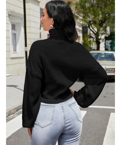 Women's Turtleneck Drop Shoulder Ribbed Knit Plain Pullover Scalloped Hem Crop Sweater Jumper Black-02 $14.35 Sweaters