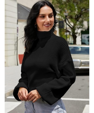 Women's Turtleneck Drop Shoulder Ribbed Knit Plain Pullover Scalloped Hem Crop Sweater Jumper Black-02 $14.35 Sweaters