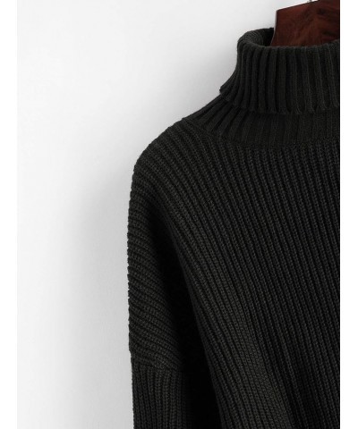 Women's Turtleneck Drop Shoulder Ribbed Knit Plain Pullover Scalloped Hem Crop Sweater Jumper Black-02 $14.35 Sweaters