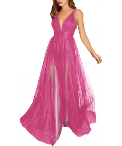 Tulle Long Prom Dresses Spaghetti Strap Deep V-Neck Sexy Split Formal Evening Party Gowns. Fuchsia $36.25 Dresses