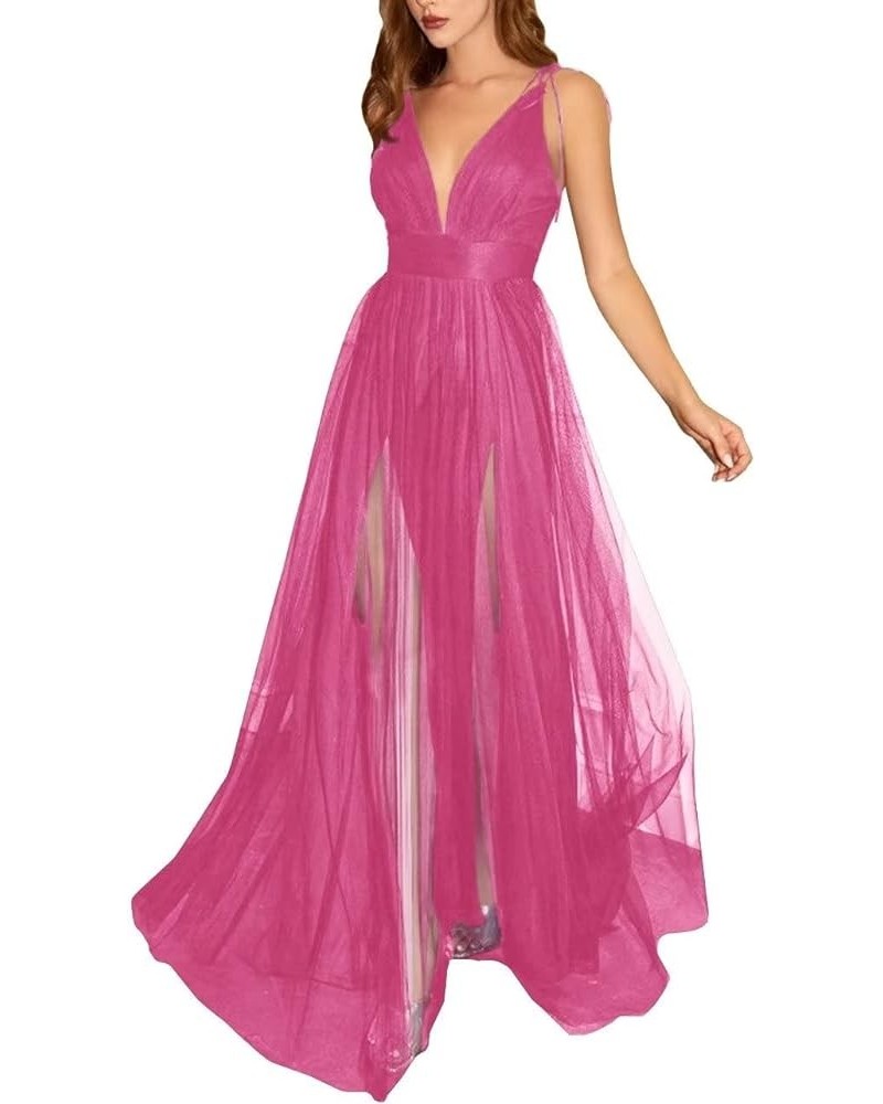 Tulle Long Prom Dresses Spaghetti Strap Deep V-Neck Sexy Split Formal Evening Party Gowns. Fuchsia $36.25 Dresses