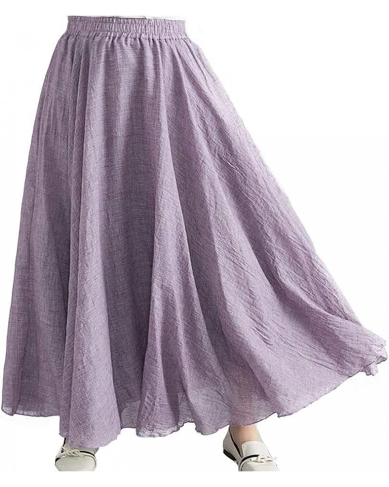 Women's Bohemian Style Elastic Waist Band Flowy Full Circle Cotton Linen Long Maxi Skirt Dress Light Purple $13.24 Skirts