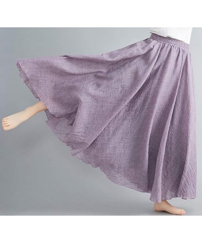 Women's Bohemian Style Elastic Waist Band Flowy Full Circle Cotton Linen Long Maxi Skirt Dress Light Purple $13.24 Skirts