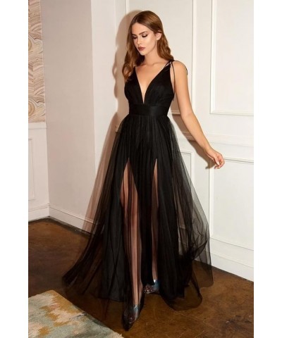 Tulle Long Prom Dresses Spaghetti Strap Deep V-Neck Sexy Split Formal Evening Party Gowns. Fuchsia $36.25 Dresses