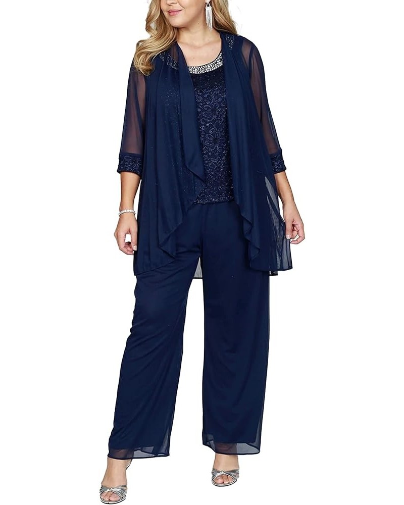 Womens Elegant Wedding Guest Pants Suit 3 Piece Set Formal Chiffon Lace Evening Party Outfit Navy-blue $22.48 Suits