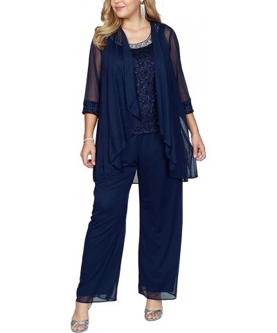 Womens Elegant Wedding Guest Pants Suit 3 Piece Set Formal Chiffon Lace Evening Party Outfit Navy-blue $22.48 Suits