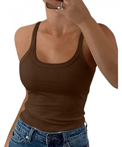 Women Spaghetti Strap Scoop Neck Tank Tops Sleeveless Ribbed Fitted Camisole Brown $10.99 Tanks