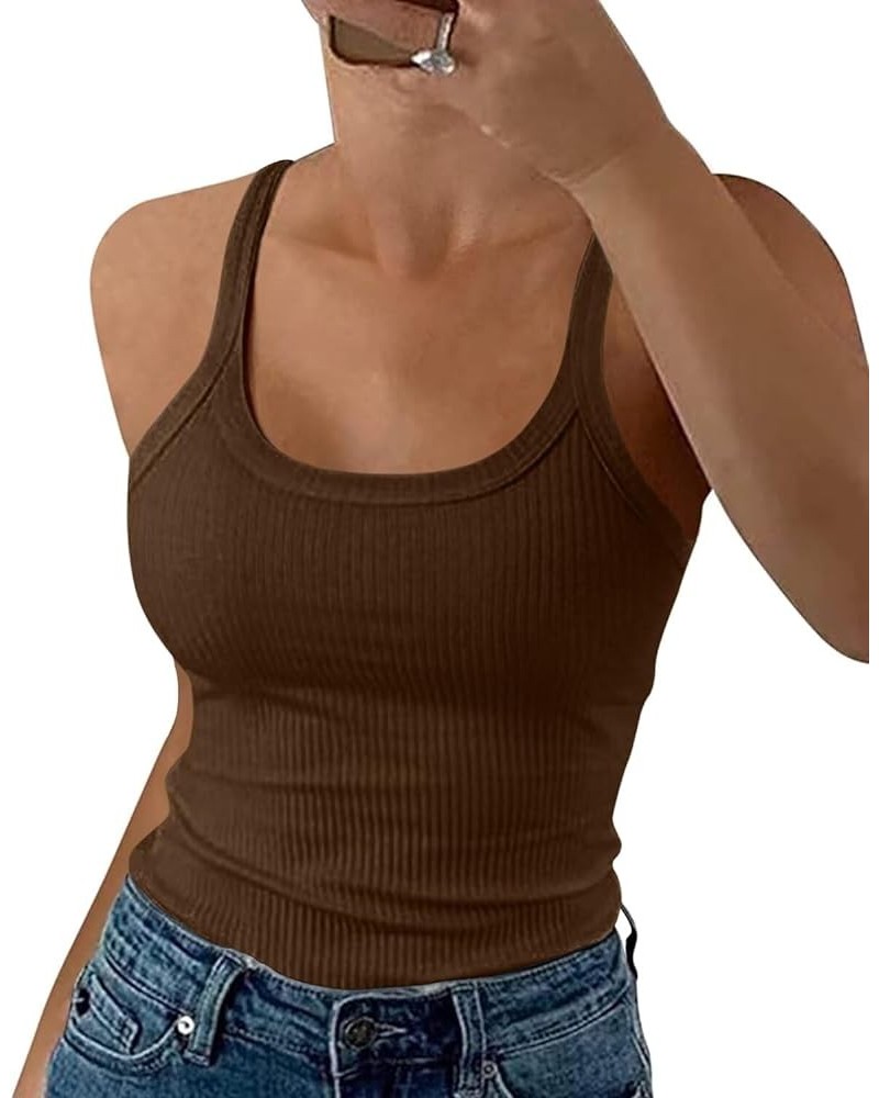 Women Spaghetti Strap Scoop Neck Tank Tops Sleeveless Ribbed Fitted Camisole Brown $10.99 Tanks