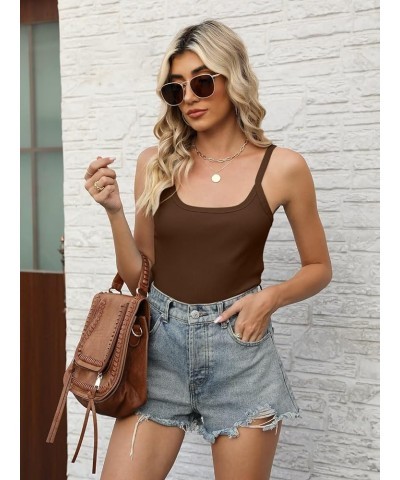 Women Spaghetti Strap Scoop Neck Tank Tops Sleeveless Ribbed Fitted Camisole Brown $10.99 Tanks