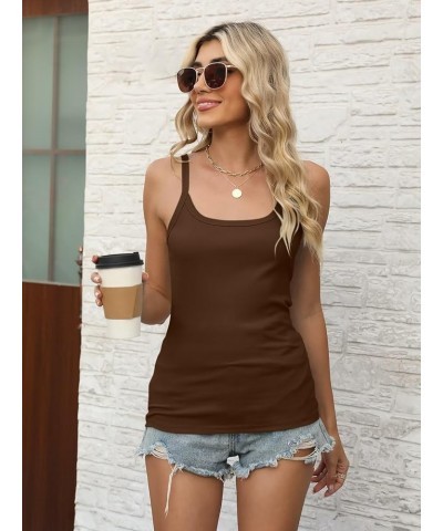 Women Spaghetti Strap Scoop Neck Tank Tops Sleeveless Ribbed Fitted Camisole Brown $10.99 Tanks