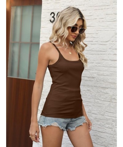 Women Spaghetti Strap Scoop Neck Tank Tops Sleeveless Ribbed Fitted Camisole Brown $10.99 Tanks