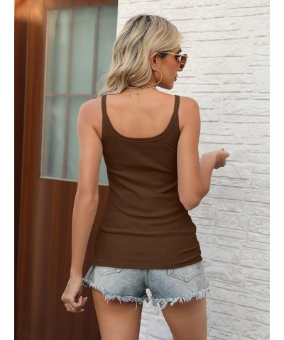 Women Spaghetti Strap Scoop Neck Tank Tops Sleeveless Ribbed Fitted Camisole Brown $10.99 Tanks