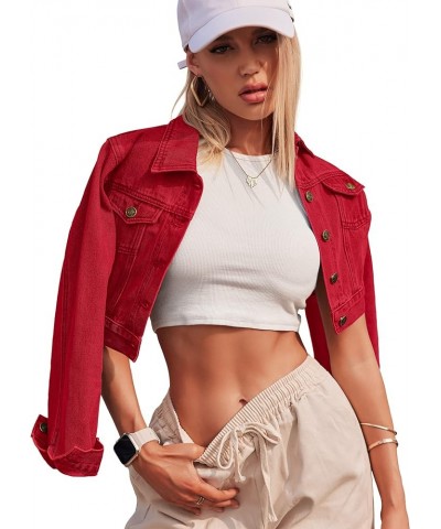 Women's Button Down Long Sleeve Cropped Denim Jean Jacket with Pockets Red $26.54 Jackets