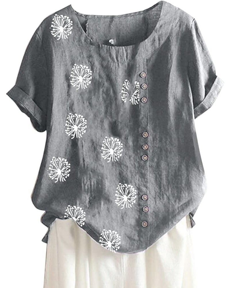 Womens Summer Tops Cotton Blend Crew Neck Short Sleeve Basic Tunic Tee Dandelion Print Vintage Shirts Top Blouse Gray $7.64 Tops