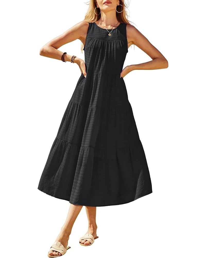 Women's 2024 Summer Midi Dresses Sleeveless Crewneck Beach Boho Casual Loose Long Flowy Tiered Sundress with Pockets Black $2...