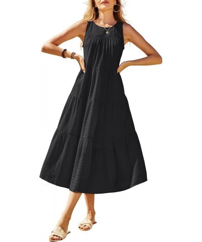 Women's 2024 Summer Midi Dresses Sleeveless Crewneck Beach Boho Casual Loose Long Flowy Tiered Sundress with Pockets Black $2...