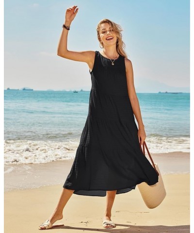 Women's 2024 Summer Midi Dresses Sleeveless Crewneck Beach Boho Casual Loose Long Flowy Tiered Sundress with Pockets Black $2...