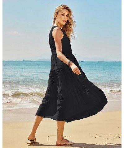 Women's 2024 Summer Midi Dresses Sleeveless Crewneck Beach Boho Casual Loose Long Flowy Tiered Sundress with Pockets Black $2...