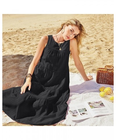 Women's 2024 Summer Midi Dresses Sleeveless Crewneck Beach Boho Casual Loose Long Flowy Tiered Sundress with Pockets Black $2...