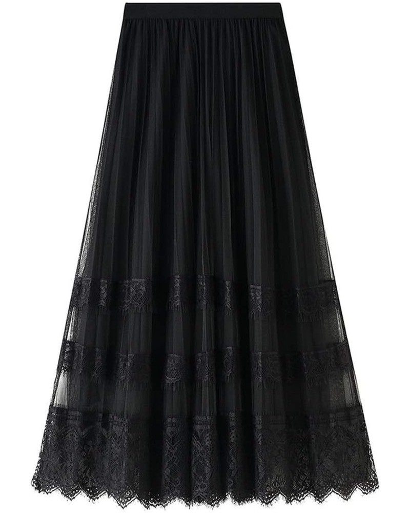 Women's Tulle Skirt Pleated Tutu Skirts Elastic High Waist Elegant Lace Floral Printed Mesh Lady A Line Midi Skirt Black-lace...