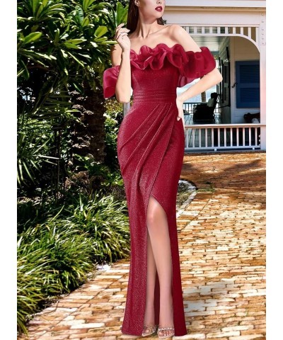 Womens Sexy Off Shoulder Puff Sleeve Ruched Prom Formal Maxi Dress 2023 Twist Front Tulip Faux Wrap Split Evening Gown Sparkl...