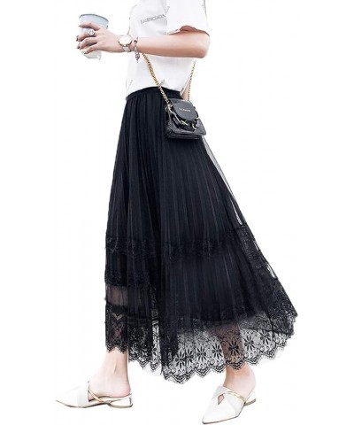 Women's Tulle Skirt Pleated Tutu Skirts Elastic High Waist Elegant Lace Floral Printed Mesh Lady A Line Midi Skirt Black-lace...