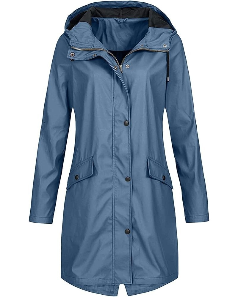 Jackets for Women Waterproof Rain Coat Casual Hooded Long Outerwear Long Sleeve Zipper Button Tops with Pocket Blue $8.84 Jac...