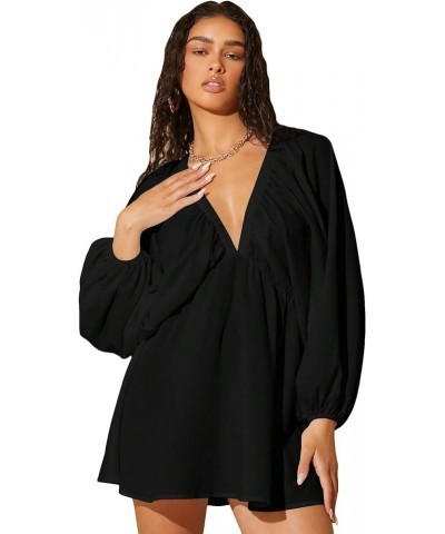 Women's Ruffle Trim Tie Back Lantern Long Sleeve Deep V Neck Casual Loose Dress Black $17.86 Dresses