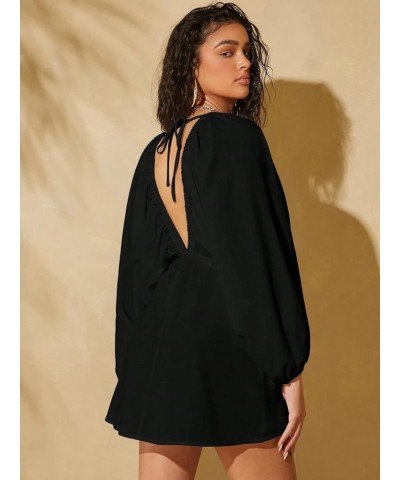 Women's Ruffle Trim Tie Back Lantern Long Sleeve Deep V Neck Casual Loose Dress Black $17.86 Dresses