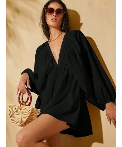 Women's Ruffle Trim Tie Back Lantern Long Sleeve Deep V Neck Casual Loose Dress Black $17.86 Dresses