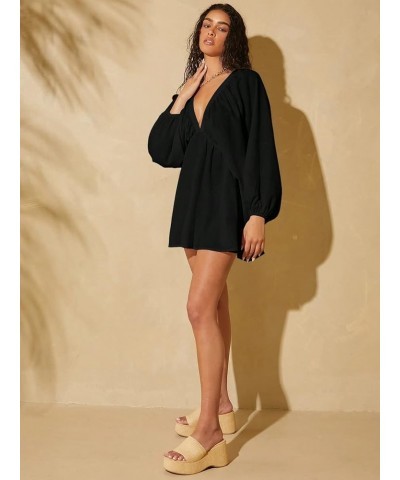 Women's Ruffle Trim Tie Back Lantern Long Sleeve Deep V Neck Casual Loose Dress Black $17.86 Dresses