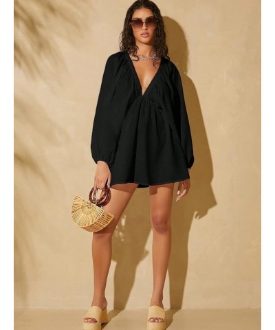 Women's Ruffle Trim Tie Back Lantern Long Sleeve Deep V Neck Casual Loose Dress Black $17.86 Dresses