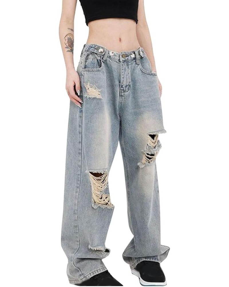 JH Women Low Rrise Baggy Jeans Ripped Wide Leg Pants Boyfriends Loose Denim Perforated Trousers Blue $14.57 Jeans