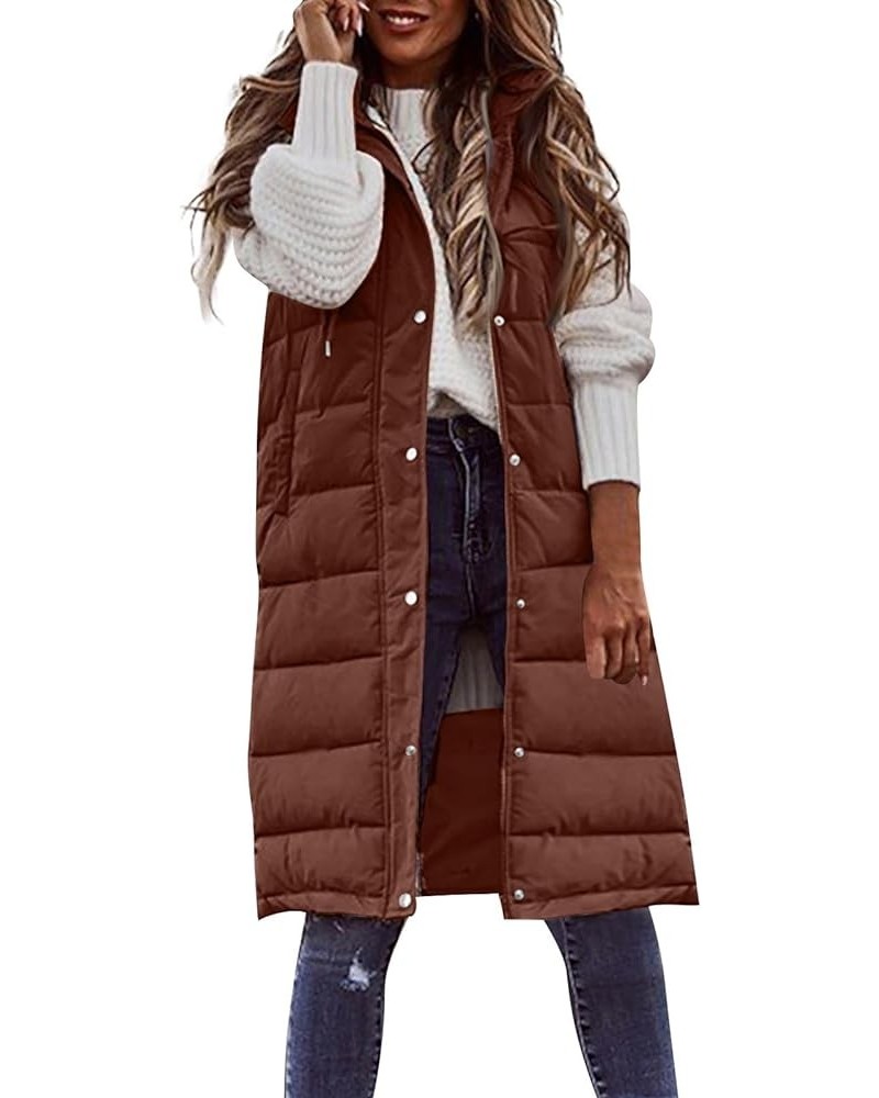 Long Vest For Women Sleeveless Plus Size Zip Up Hoodie Quilted Fleece Jacket Fashion Winter Coats 4brown $9.35 Vests