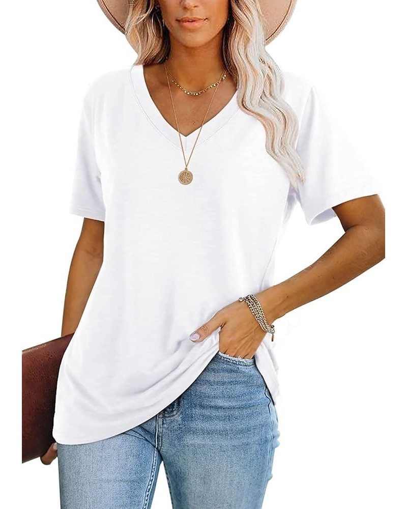 Womens Tops Casual V Neck Short Sleeve Solid Color Basic T Shirt White $10.27 T-Shirts