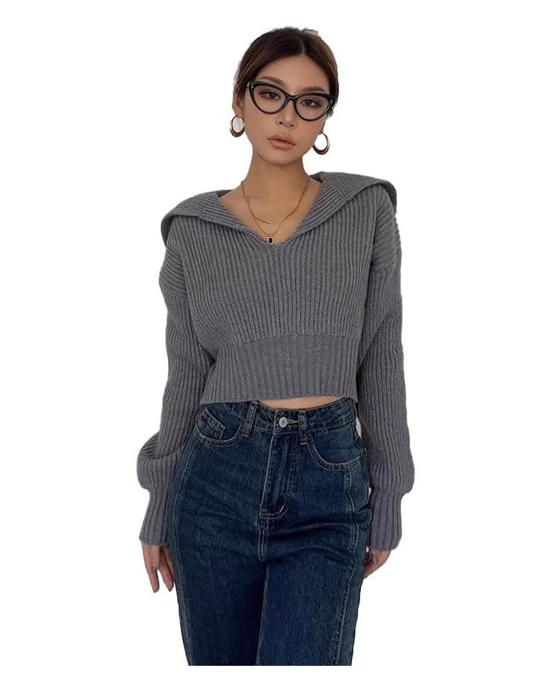 Women's Fall Lapel Collar V Neck Cropped Sweater Long Sleeve Knit Oversized Pullover Sweater Jumper Top Grey $12.99 Sweaters