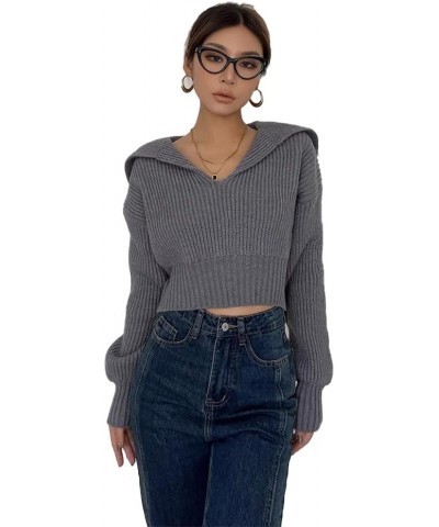 Women's Fall Lapel Collar V Neck Cropped Sweater Long Sleeve Knit Oversized Pullover Sweater Jumper Top Grey $12.99 Sweaters