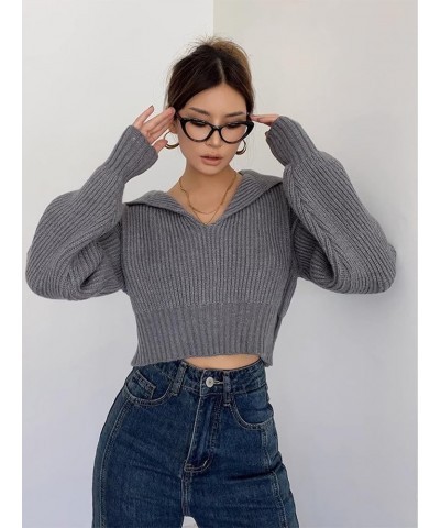 Women's Fall Lapel Collar V Neck Cropped Sweater Long Sleeve Knit Oversized Pullover Sweater Jumper Top Grey $12.99 Sweaters