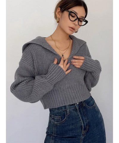 Women's Fall Lapel Collar V Neck Cropped Sweater Long Sleeve Knit Oversized Pullover Sweater Jumper Top Grey $12.99 Sweaters