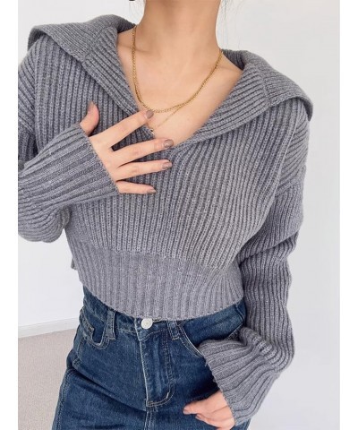 Women's Fall Lapel Collar V Neck Cropped Sweater Long Sleeve Knit Oversized Pullover Sweater Jumper Top Grey $12.99 Sweaters