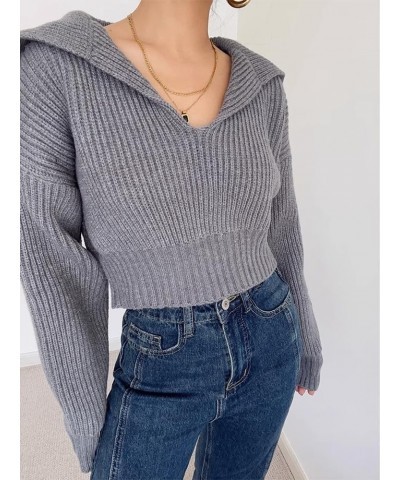 Women's Fall Lapel Collar V Neck Cropped Sweater Long Sleeve Knit Oversized Pullover Sweater Jumper Top Grey $12.99 Sweaters